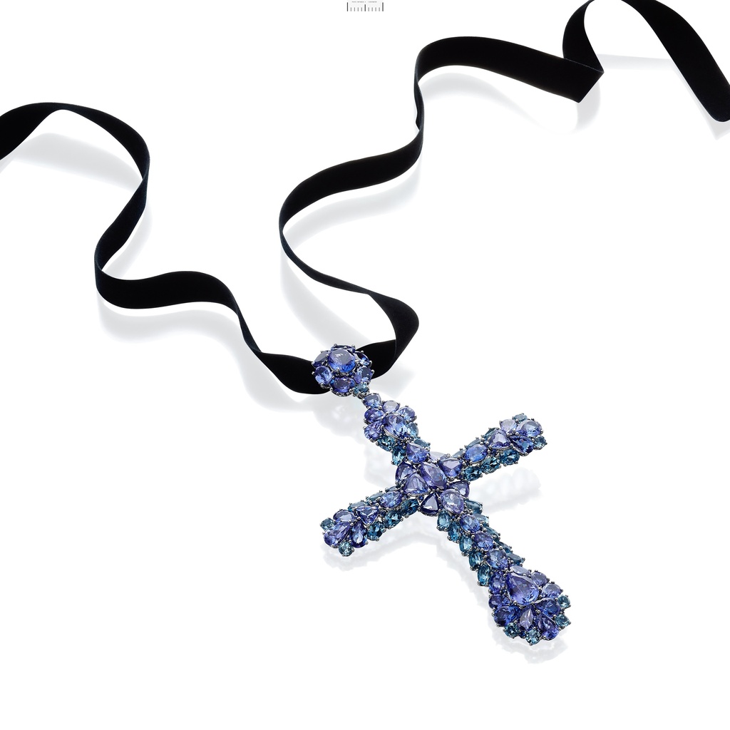 18Kt White Gold Cross On A Black Velvet Ribbon With Tanzanites Weighing 47.84ct, Aquamarines Weighing 13.54ct, And Sapphires Weighing 5.88ct
