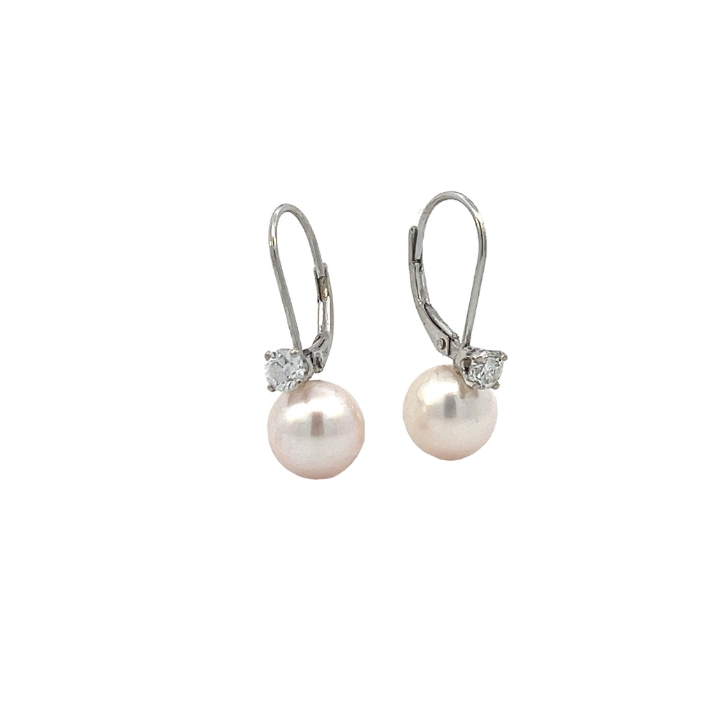 14Kt White Gold Drop Earrings With (2) 8.5mm Pearls And (2) Round Diamonds Weighing 0.40cttw