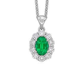 18Kt White Gold Pendant Necklace With An Oval Emerald Weighing 0.50ct And Round Diamonds Weighing 0.40ct