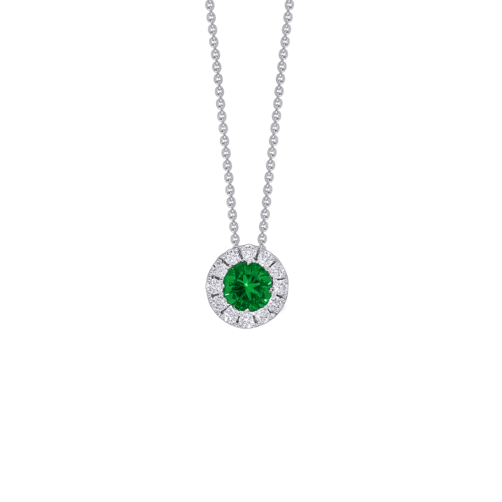 18Kt White Gold Pendant Necklace With A Round Emerald Weighing 0.25ct And Round Diamonds Weighing 0.10ct