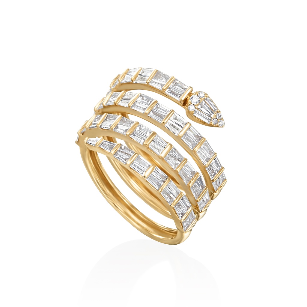 Yellow Gold Snake Wrap Ring With Baguette And Round Diamonds Weighing 1.55cttw