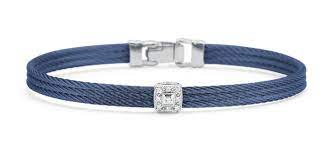 White Gold Blueberry Nautical Cable Square Station Bracelet With Round Diamonds Weighing 0.05cttw