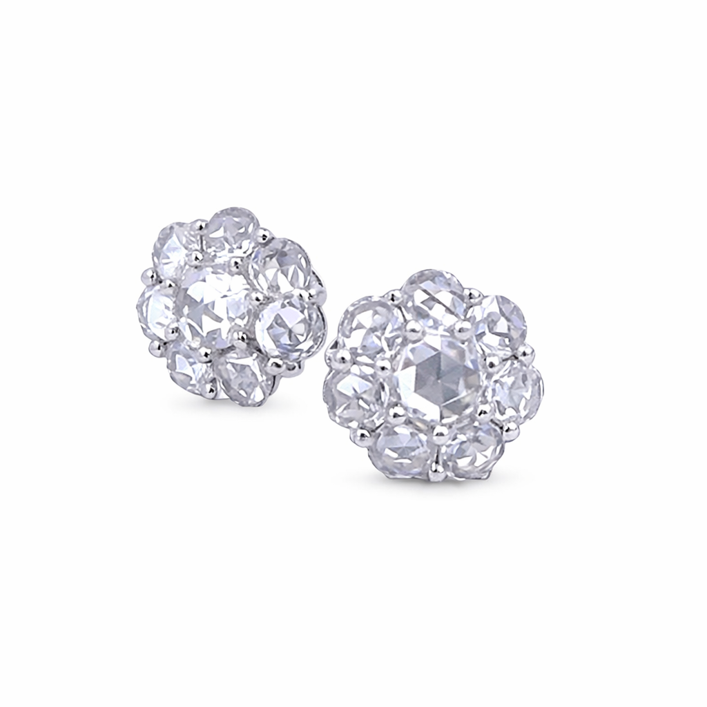 [6526] 18Kt White Gold Flower Stud Earrings With Rosecut Diamonds Weighing 2.30cttw