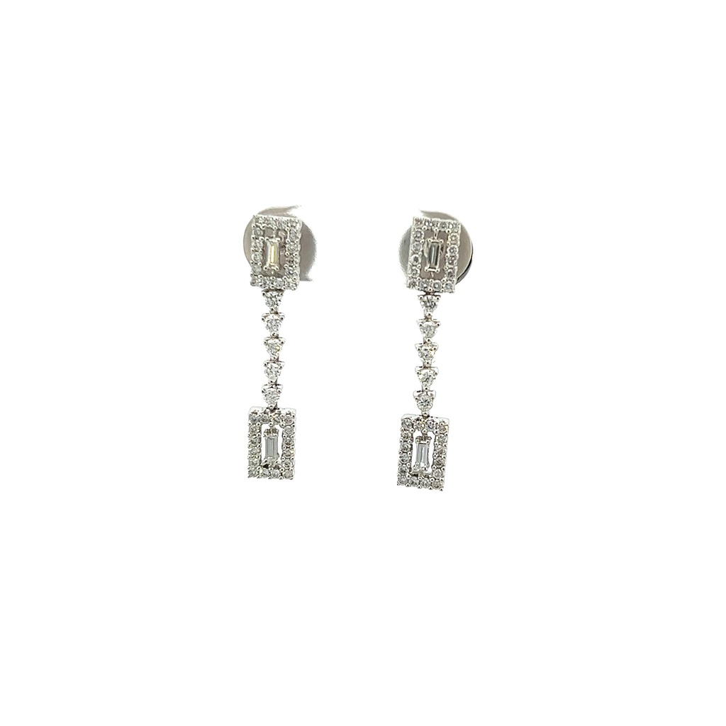 [80042577] 18Kt White Gold Baguette And Round Diamond Drop Earrings 0.94cttw