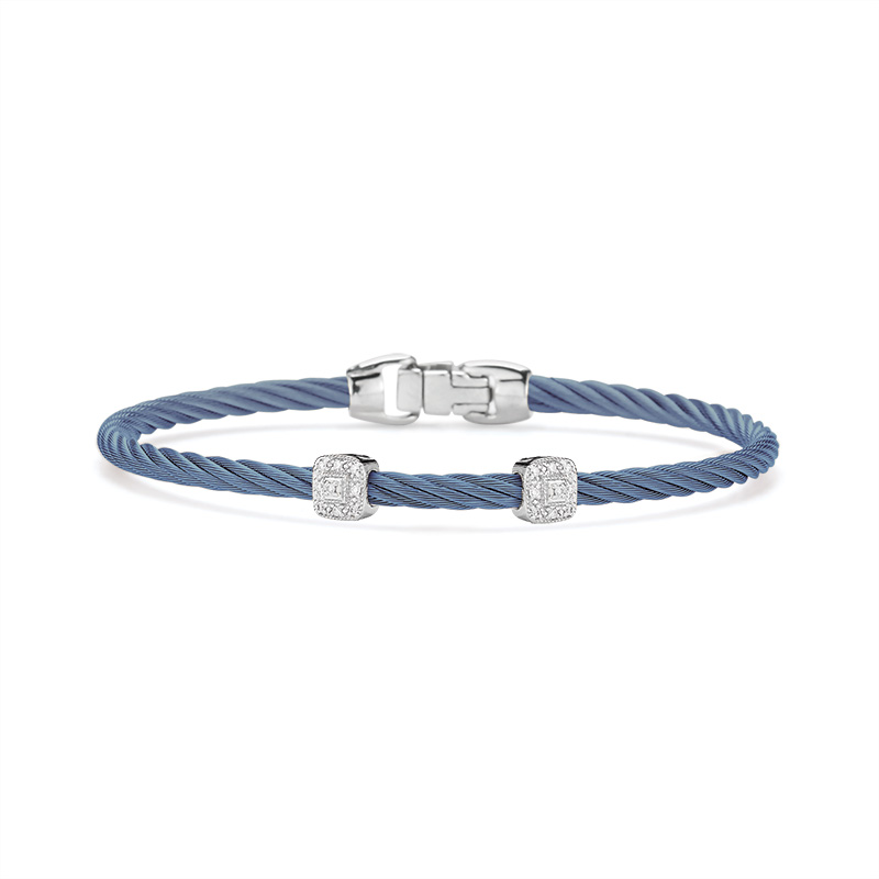 Diamond Two Square Station Bracelet With Island Blue Nautical Cable 0.10cttw