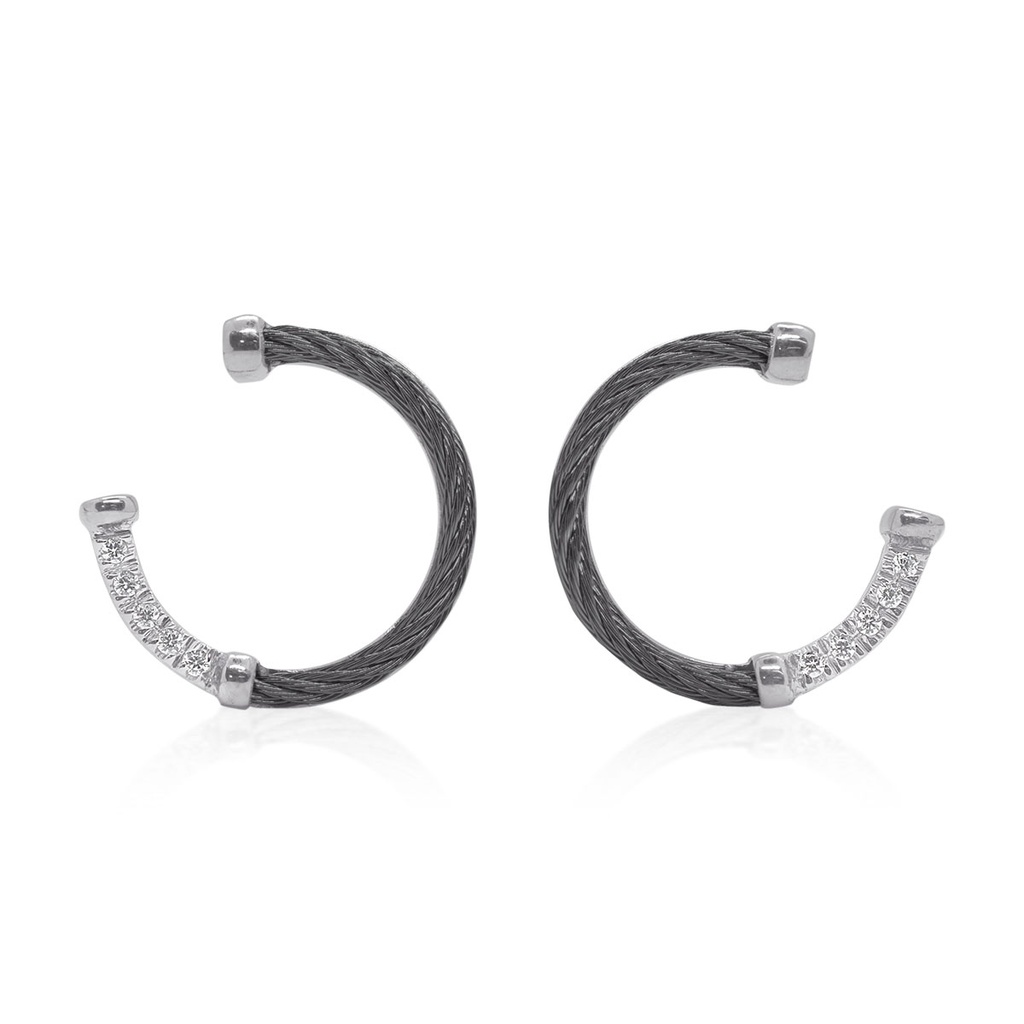 18Kt White Gold Diamond And Black Nautical Cable Half Circle Drop Earrings 0.08cttw