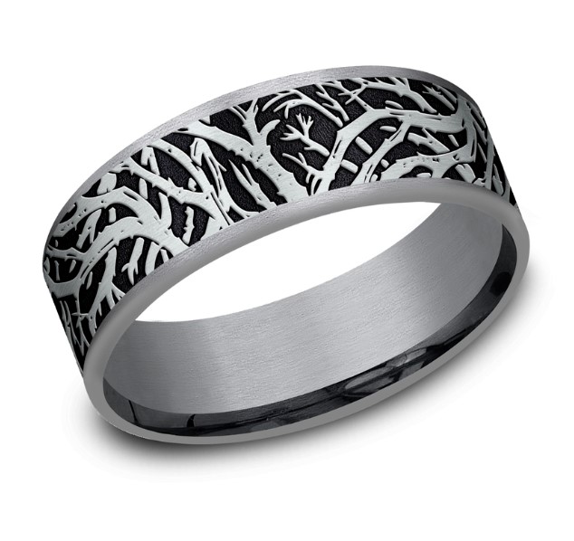 Tantalum And 14Kt White Gold 7.5mm Comfort Fit Forest Design Band Sz10