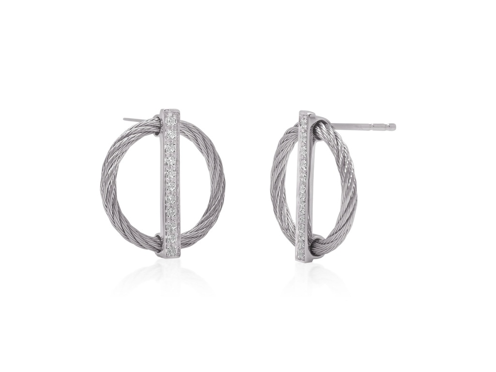 White Gold Grey Nautical Cable Diamond Circle Drop Earrings 0.18cttw