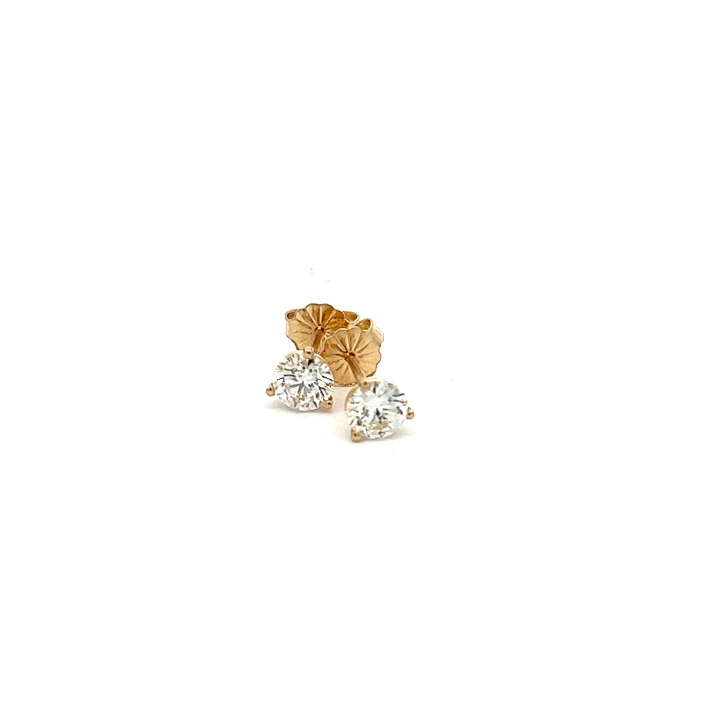 Yellow Gold Three Prong Stud Earrings With Round Diamonds Weighing 1.01cttw