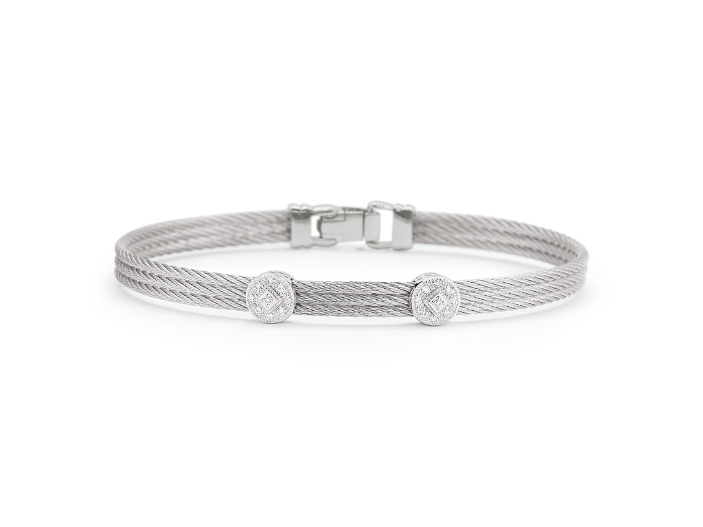 White Gold Grey Nautical Cable Two Circle Station Bracelet With Round Diamonds Weighing 0.09cttw