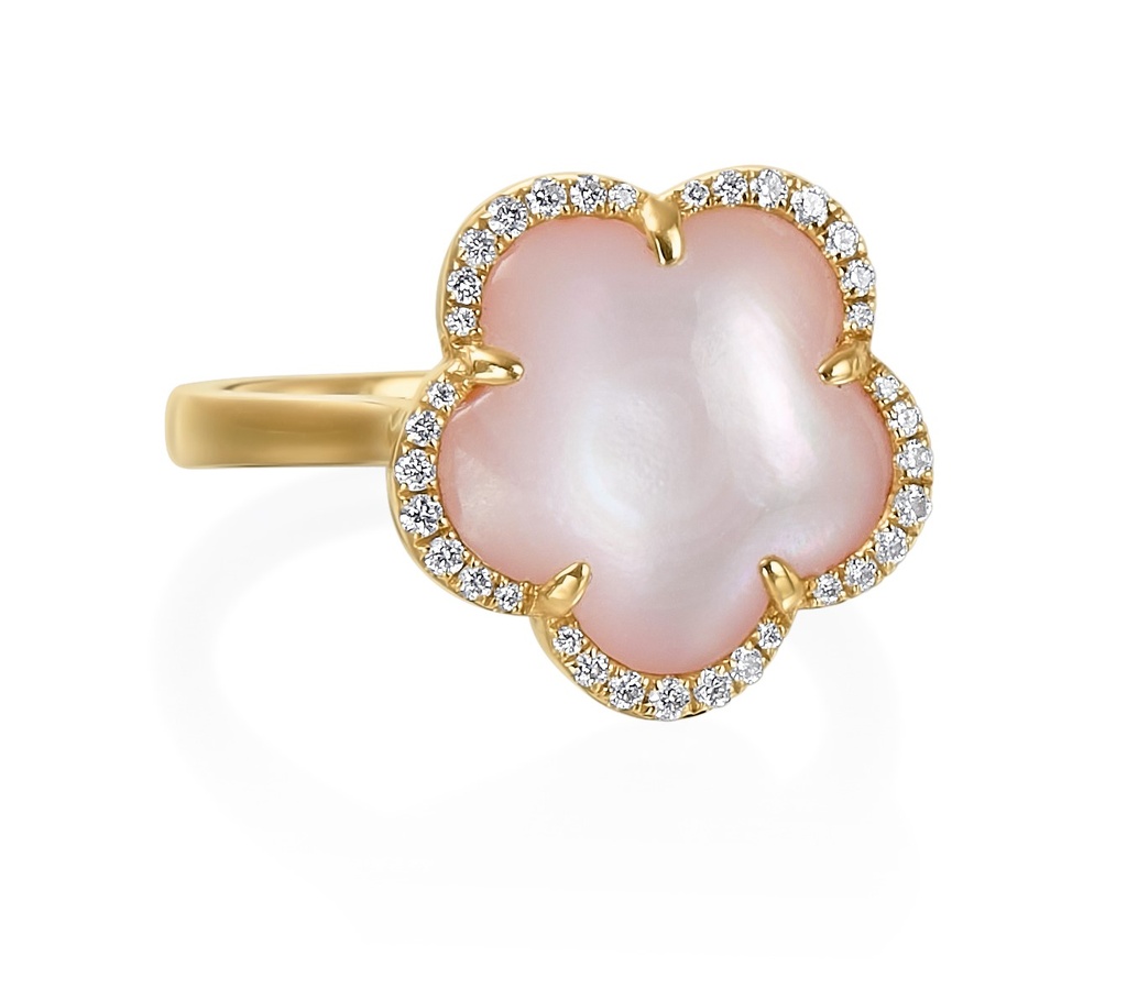 Yellow Gold Pink Mother Of Pearl Flower Ring With Round Diamonds Weighing 0.15cttw