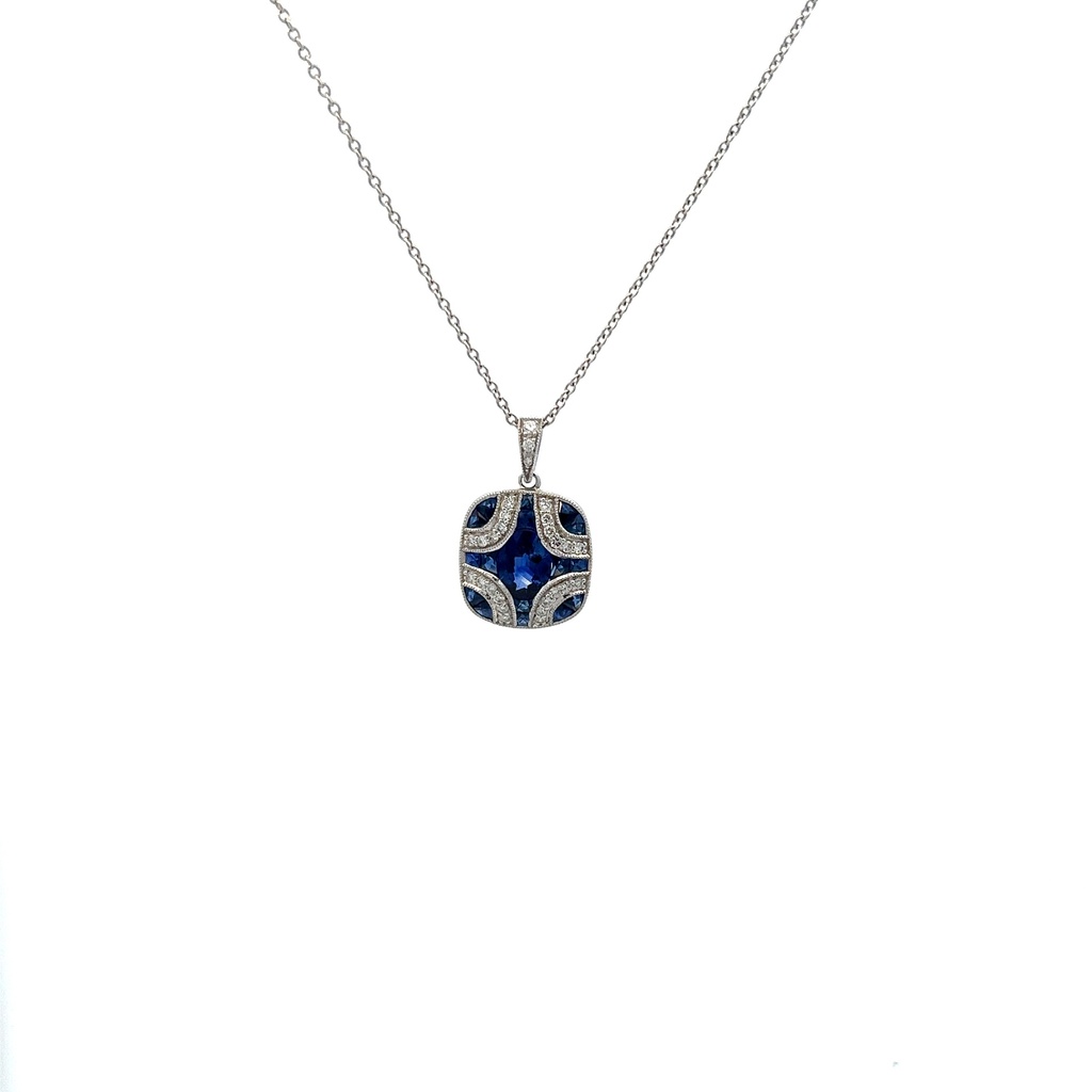 White Gold Geometric Pendant Necklace With Sapphires Weighing 2.16ct And Round Diamonds Weighing 0.19ct