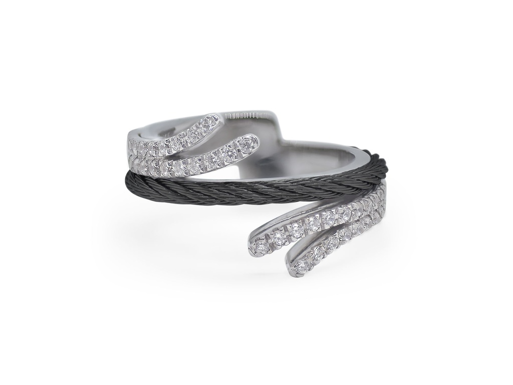 ​​18Kt White Gold Ring With Black Nautical Cable And 40 Round Diamonds Weighing 0.33cttw