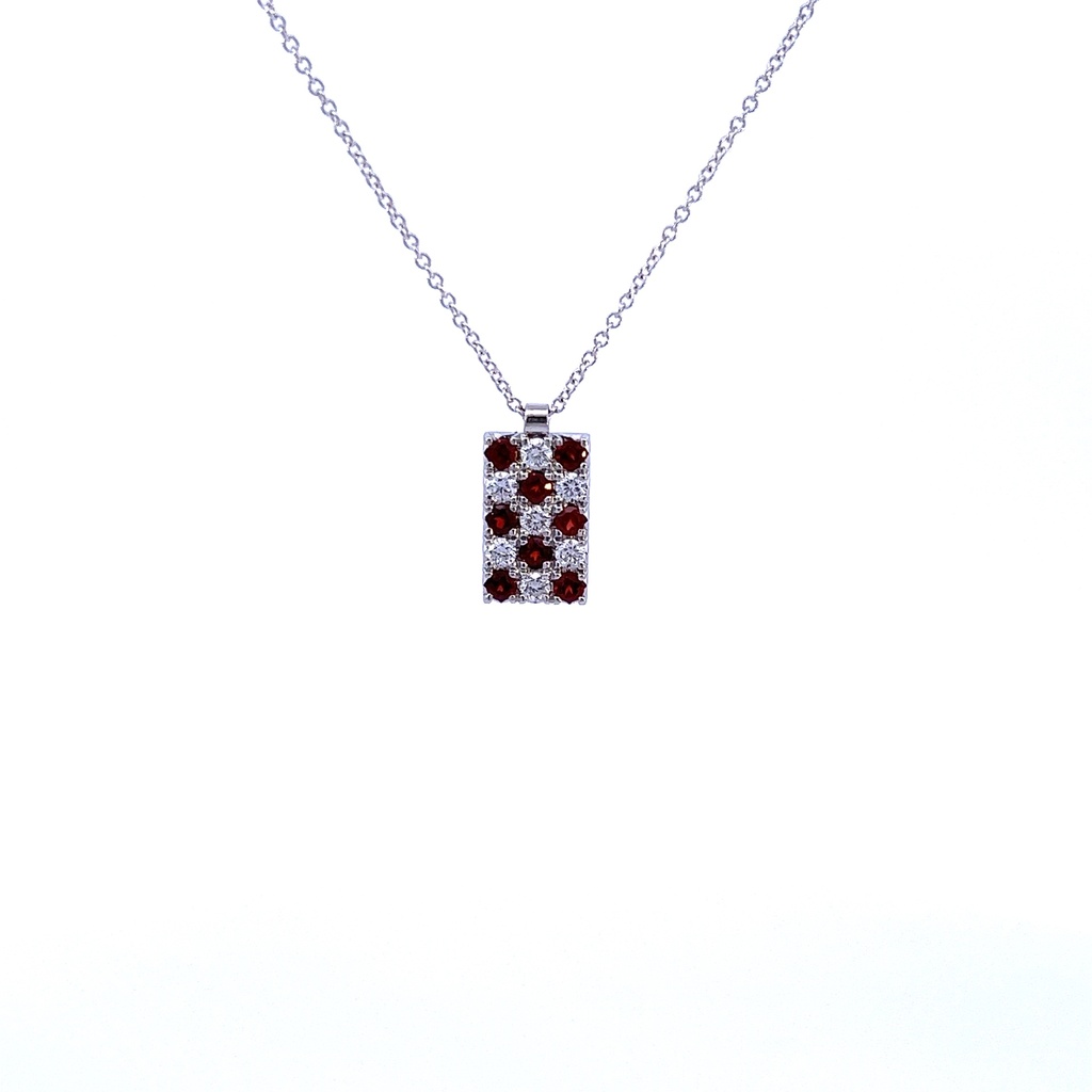 White Gold Square Pendant With Garnets And Round Diamonds Weighing 0.26cttw