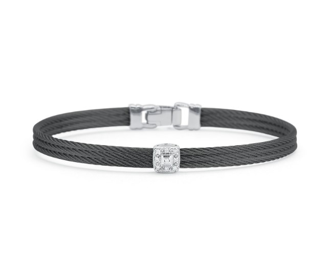 18Kt White Gold Black Nautical Cable Square Station Bracelet With Round Diamonds Weighing 0.05cttw