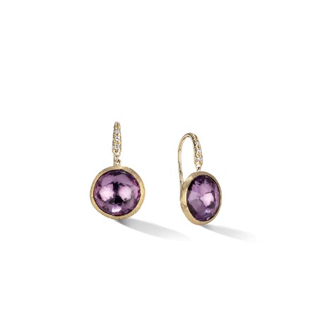 18Kt Yellow Gold Drop Earrings With A Round Amethyst And 6 Round Diamonds Weighing 0.05cttw