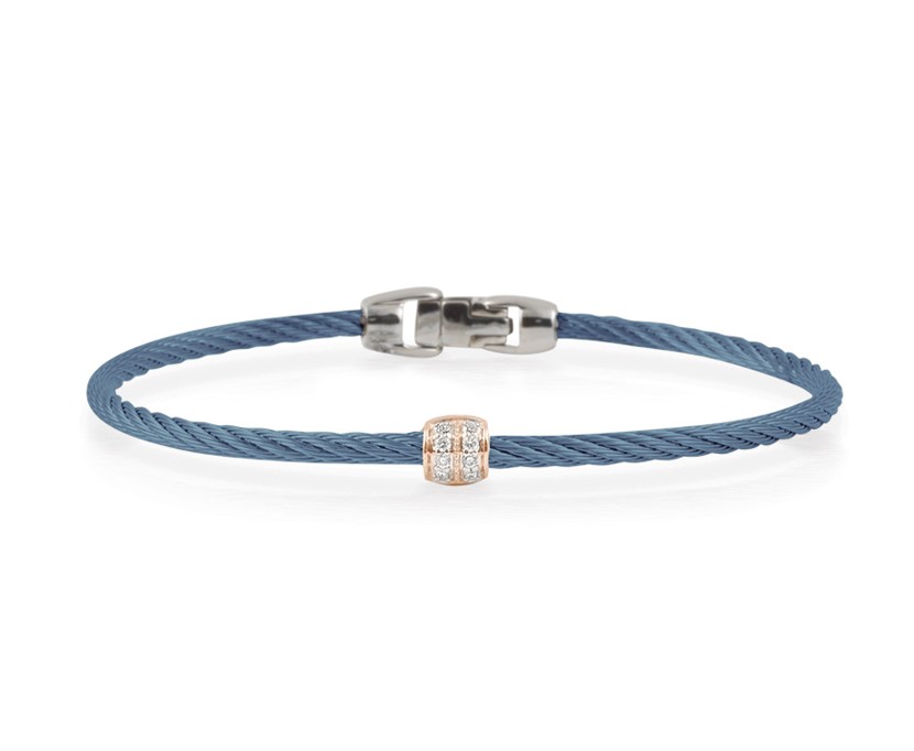 18Kt Rose Gold Island Blue Nautical Cable Single Barrel Station Bracelet With Round Diamonds Weighing 0.07cttw