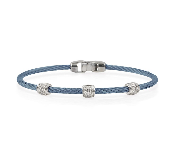 18Kt White Gold Island Blue Nautical Cable Three Barrel Station Bracelet With Round Diamonds Weighing 0.21cttw