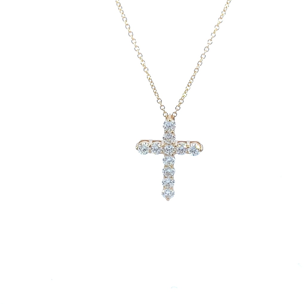 14Kt Yellow Gold Cross Necklace With 11 Round Diamonds Weighing 1.00cttw