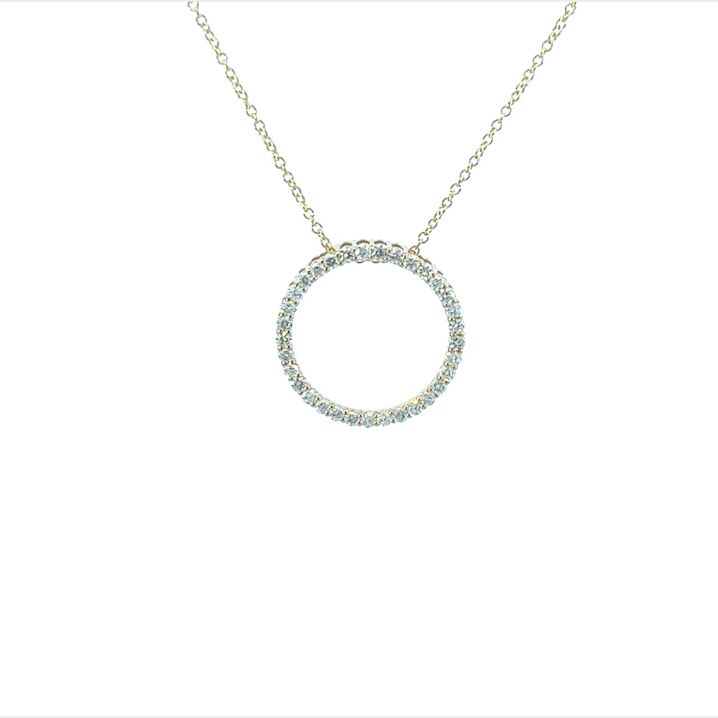 14Kt Yellow Gold Circle Pendant Necklace With 33 Round Diamonds Weighing 0.51cttw