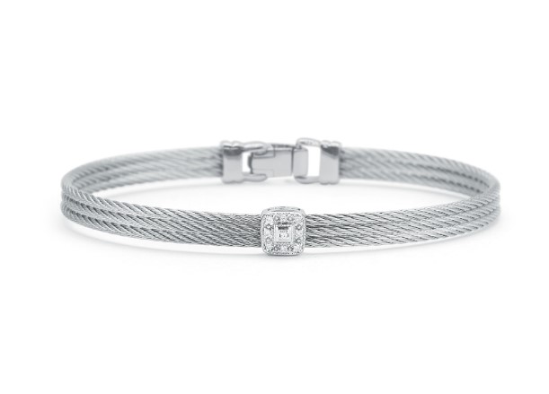 18Kt White Gold Grey Nautical Cable Square Station Bracelet With 9 Round Diamonds Weighing 0.05cttw