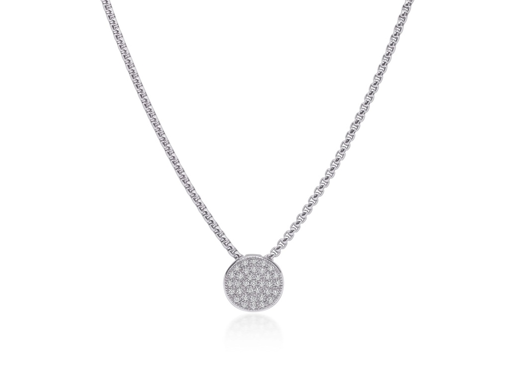 14Kt White Gold Disc Pendant With 35 Round Diamonds Weighing 0.29cttw On A Grey Chain 16.5-18.5"