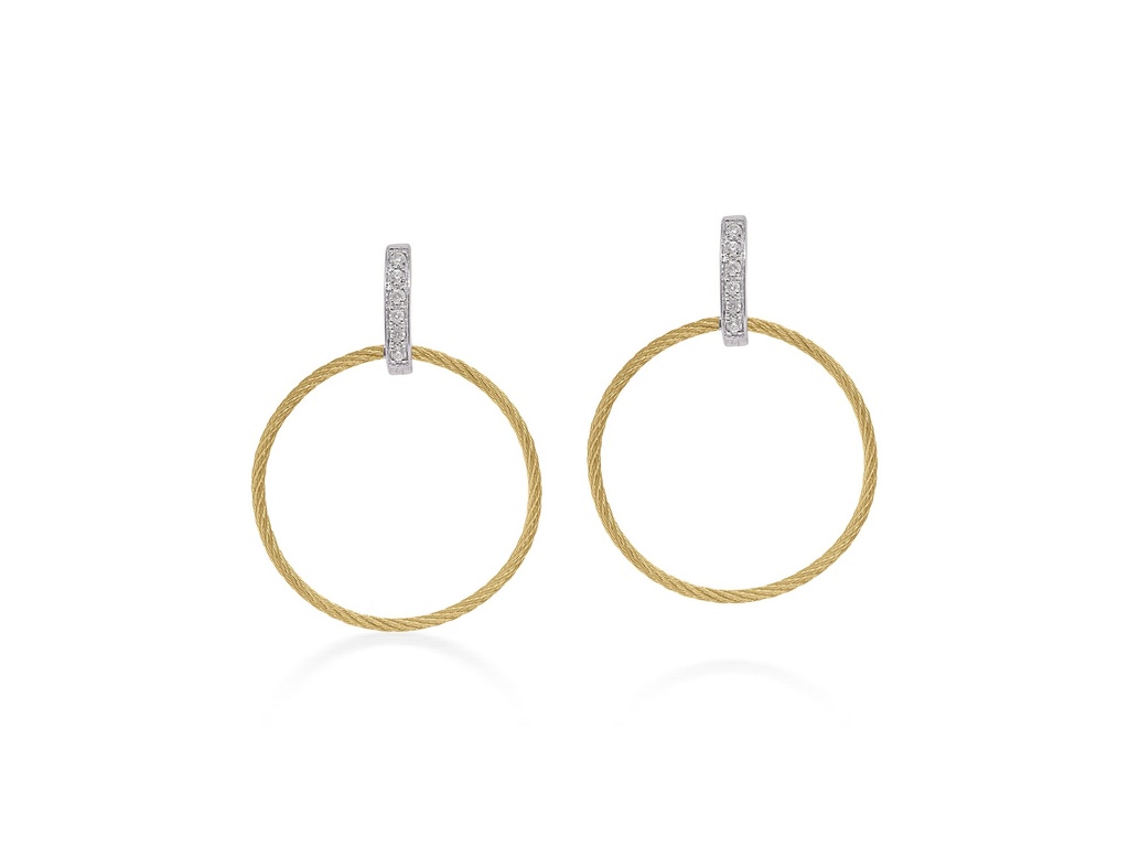 18Kt White Gold Yellow Nautical Cable Circle Drop Earrings With 12 Round Diamonds Weighing 0.10cttw