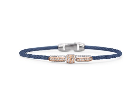 18Kt Rose Gold Blueberry Nautical Cable Bar And Barrel Bracelet With Round Diamonds Weighing 0.17cttw