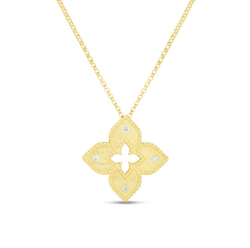 18Kt Yellow Gold Venetian Princess Pendant Necklace With (4) Round Diamonds Weighing 0.06cttw