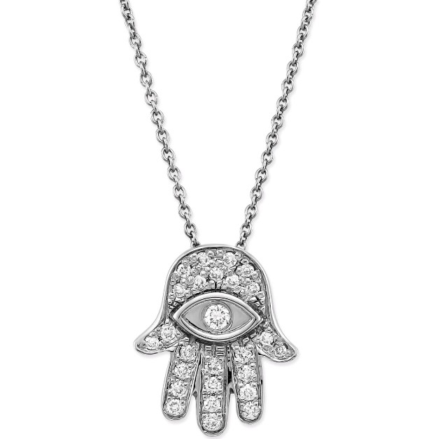 18Kt White Gold Tiny Treasures Hamsa Hand Necklace With 26 Round Diamonds Weighing 0.18cttw