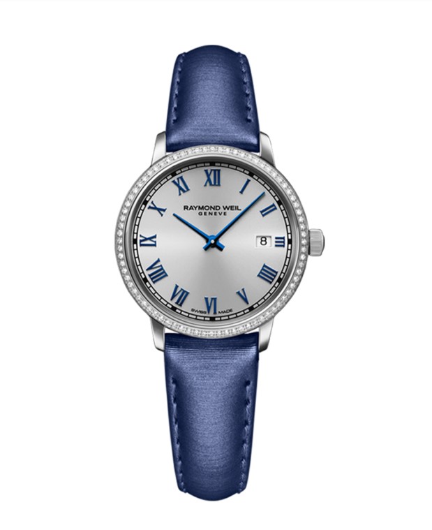 29mm Quartz Silver Dial Watch With A Blue Leather Strap And 76 Round Diamonds Weighing 0.17cttw