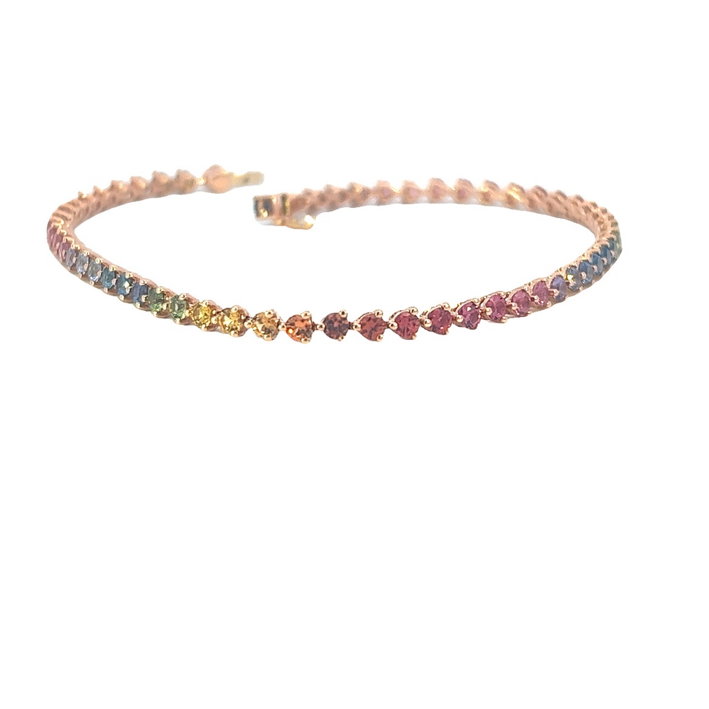 18Kt Rose Gold Rainbow Tennis Bracelet With 59 Round Multi Colored Sapphires Weighing 3.47cttw