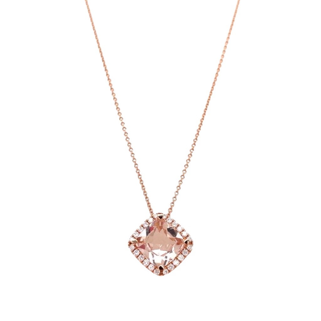18Kt Rose Gold Necklace With A 8mm Cushion Morganite And 24 Round Diamonds Weighing 0.15cttw