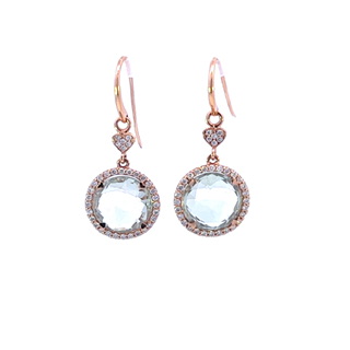 18Kt Rose Gold Dangle Earrings With 11mm Round Green Quarts And 68 Round Diamonds Weighing 0.50cttw