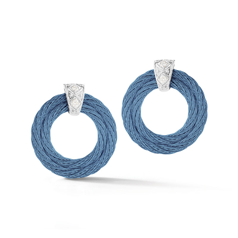 18Kt White Gold Island Blue Nautical Cable Two Circle Drop Earrings With 4 Round Diamonds Weighing 0.03cttw