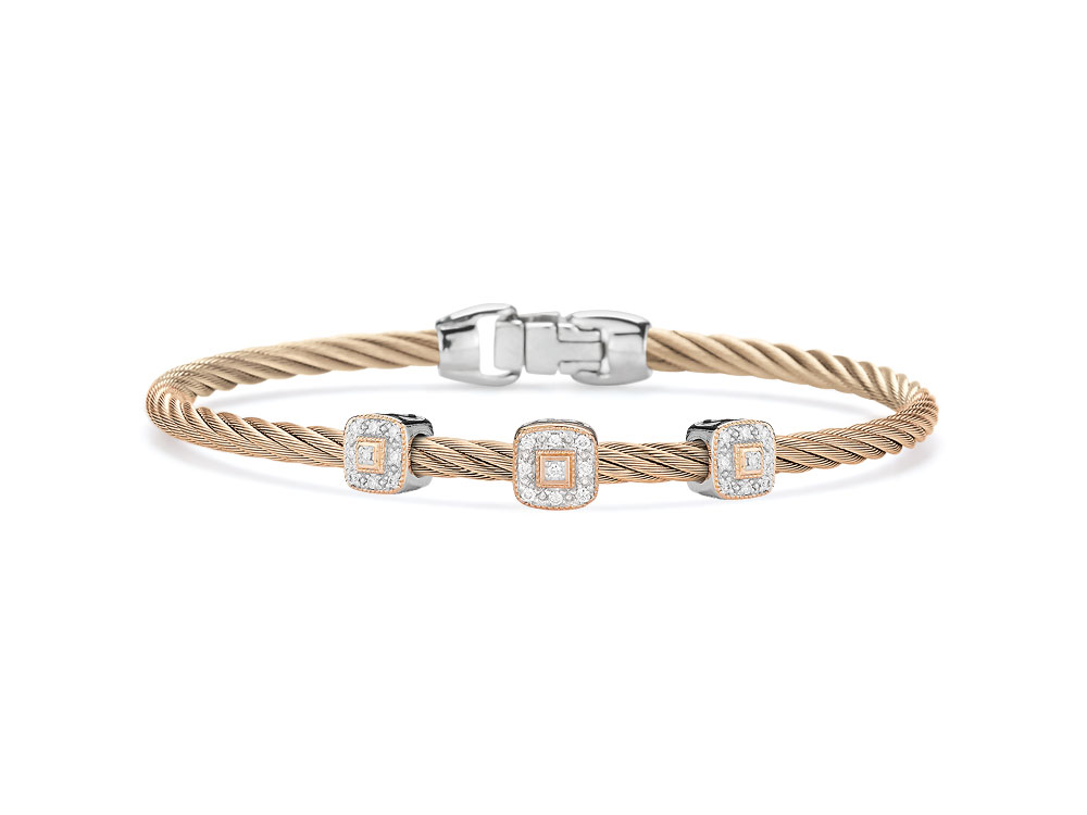 18Kt Rose Gold Carnation Nautical Cable Three Square Station Bracelet With 27 Round Diamonds Weighing 0.14cttw