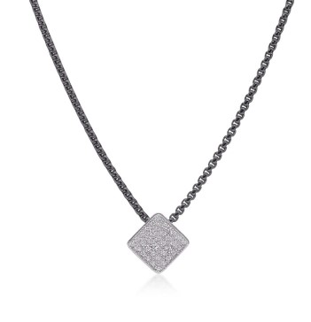 14Kt White Gold Square Pendant Necklace With 36 Round Diamonds On A Black Chain 0.30cttw