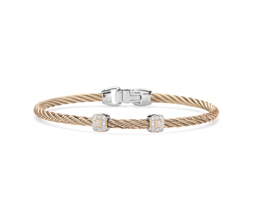 18Kt Rose Gold Carnation Twisted Nautical Cable Double Square Station Bracelet With 18 Round Diamonds Weighing 0.09cttw