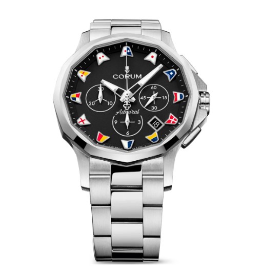 Admiral 42mm Black Dial Watch With Colored Flags And A Stainless Steel Strap