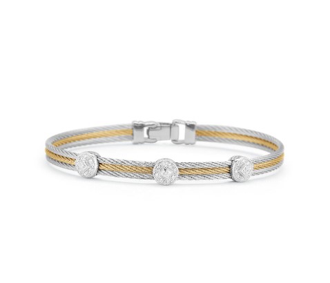 18Kt White Gold Grey And Yellow Nautical Cable Three Row Triple Circle Station Bracelet With 27 Round Diamonds Weighing 0.14cttw