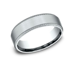 14Kt White Gold 6.5mm Comfort Fit Knurl Edge Band Sz10