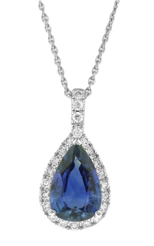 18Kt White Gold Necklace With A Pear Shaped Sapphire Weighing 2.03ct And 23 Round Diamonds Weighing 0.27cttw
