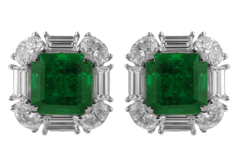 18Kt White Gold Earrings With 2 Square Emeralds Weighing 6.27ct, 8 Oval, And 8 Baguette Diamonds Weighing 3.01ct