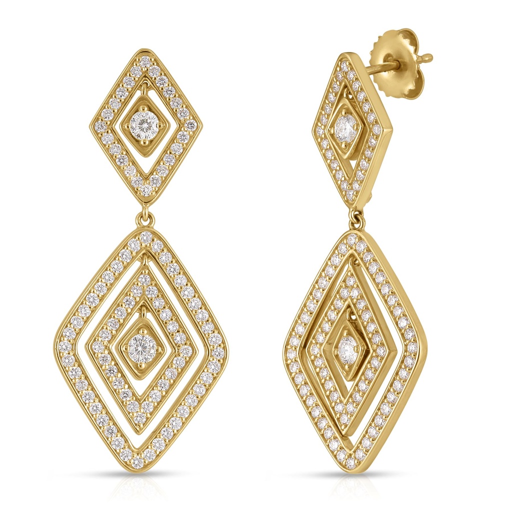18Kt Yellow Gold Lozenge Double Drop Earrings With (180) Round Diamonds Weighing 1.95cttw