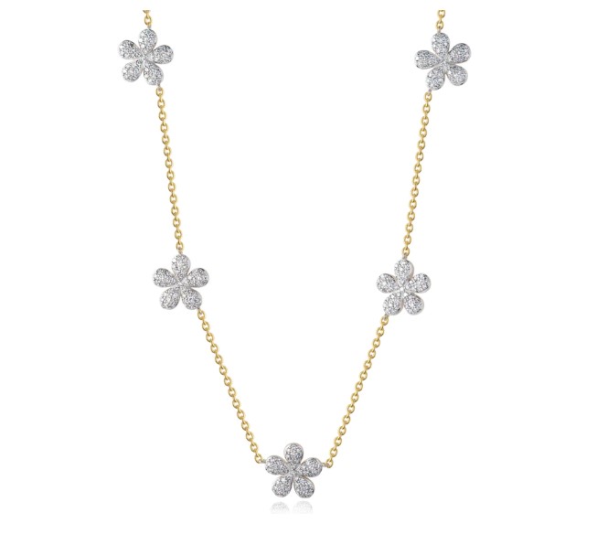 14Kt Yellow Gold Symphony Flower Station Necklace With (230) Round Diamonds Weighing 1.16cttw