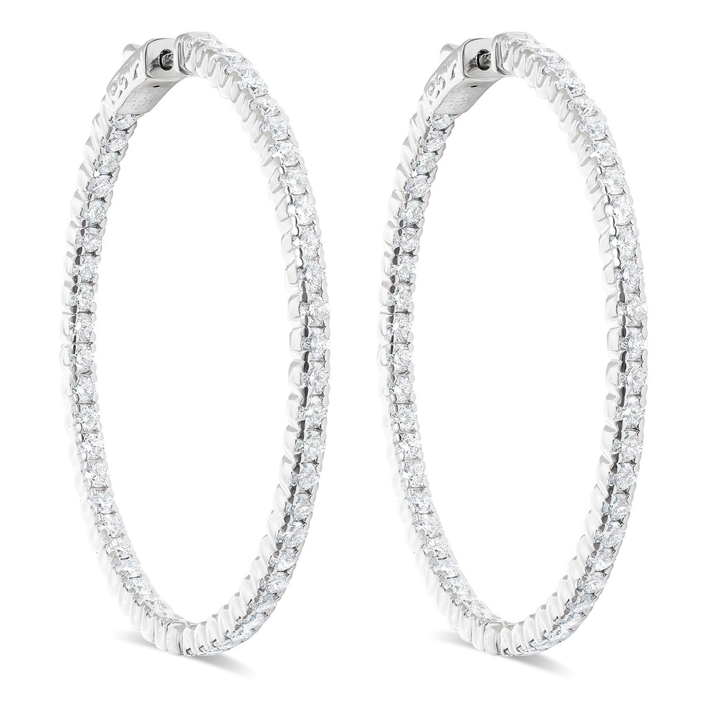 14Kt White Gold In/Out Hoop Earrings With (100) Round Diamonds Weighing 5.20cttw