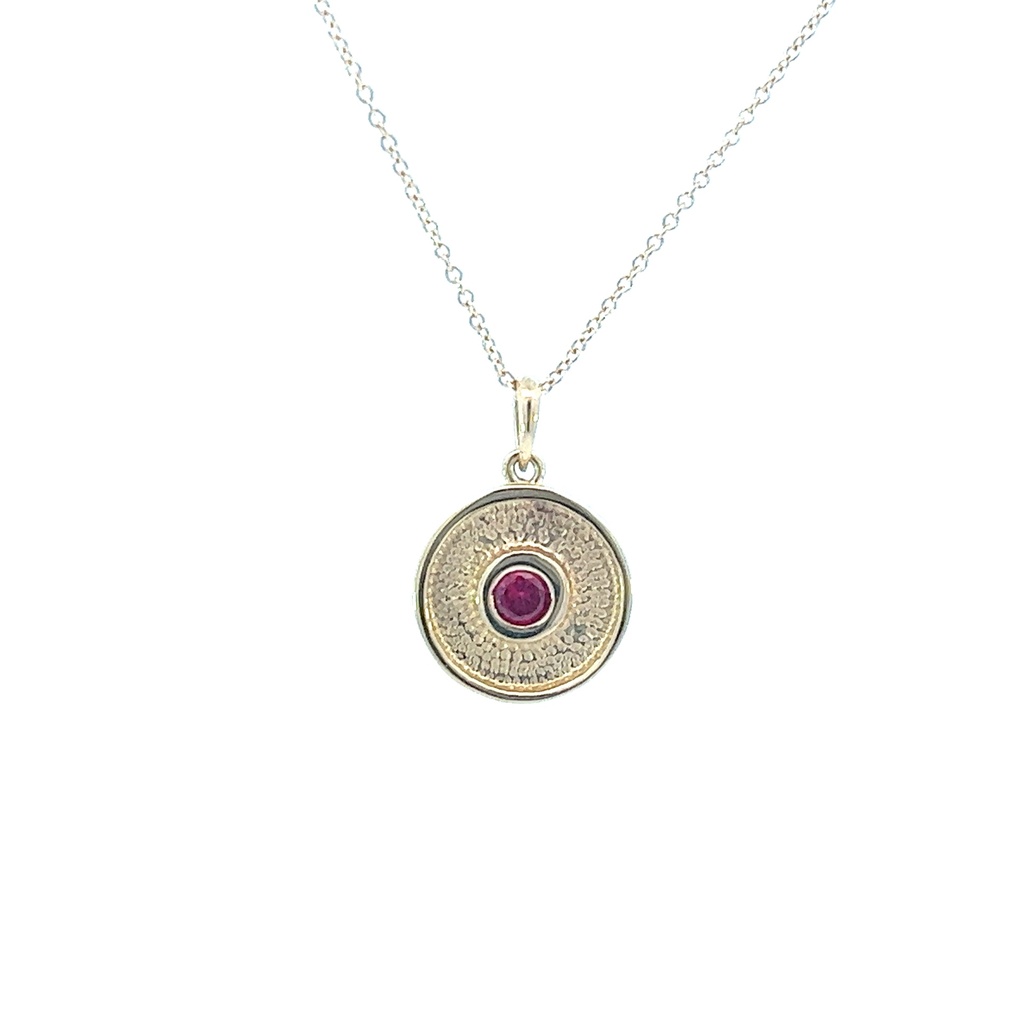 14Kt Yellow Gold Disc Pendant Necklace With A 4mm Round Ruby Weighing 0.26ct