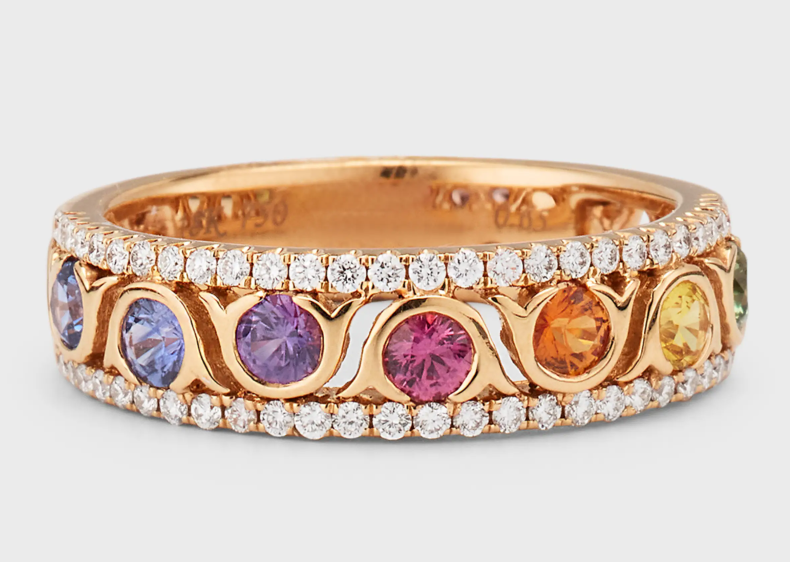 18Kt Rose Gold Band With (7) Rainbow Sapphires Weighing 0.66ct And (58) Round Diamonds Weighing 0.26cttw