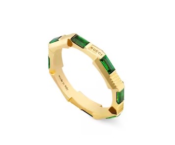 18Kt Yellow Gold 2mm Link To Love Band With (8) Baguette Green Tourmalines Weighing 0.90ct