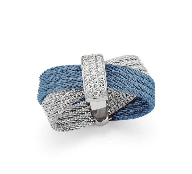 18Kt White Gold Island Blue And Gray Nautical Cable Crossed Ring With (19) Round Diamonds Weighing 0.16cttw